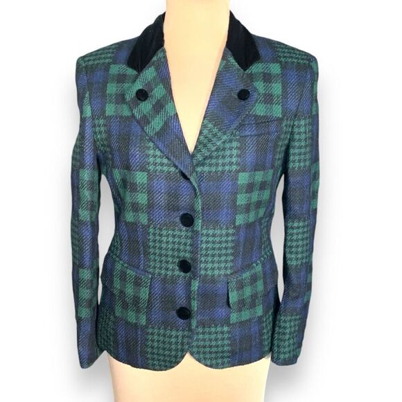Vintage J. McLaughlin Blazer Jacket Hourglass Patchwork Green Plaid Velvet 10 - Picture 9 of 9